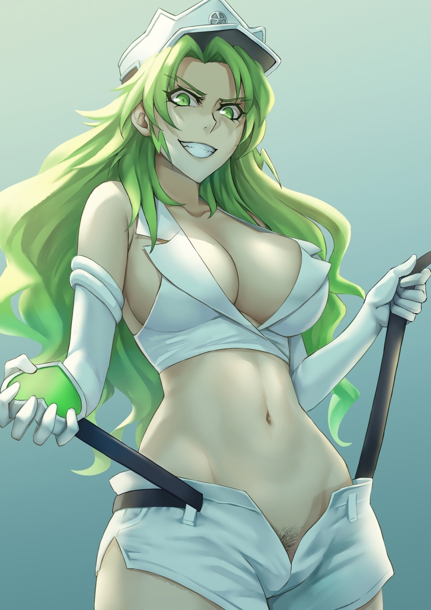 1girl :d absurdres backlighting belt belt_buckle black_belt bleach bleach:_sennen_kessen-hen breasts buckle candice_catnipp cleavage commentary cowboy_shot crop_top curvy elbow_gloves female_pubic_hair gloves green_eyes green_hair grin hat heart heart-shaped_buckle highres holding holding_belt large_breasts long_hair midriff military_hat navel no_panties open_belt open_mouth pubic_hair revision sakuya_(liao_kj) shirt short_shorts shorts sleeveless sleeveless_shirt smile solo undressing unzipped v-shaped_eyebrows very_long_hair wandenreich_uniform white_gloves white_hat white_shirt white_shorts