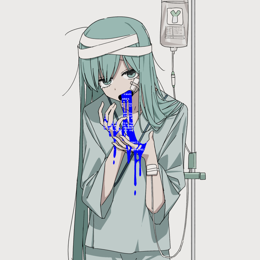 1girl bandaged_head bandages bandaid bandaid_on_face blue_eyes blue_hair blue_screen_of_death channel_(caststation) hair_down hatsune_miku highres hospital_gown intravenous_drip iv_stand long_hair simple_background solo very_long_hair vocaloid vomit vomiting white_background