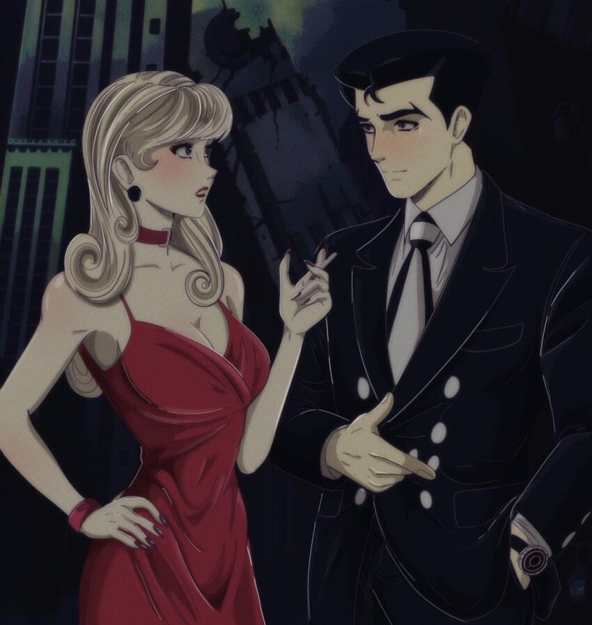 1boy 1girl angel_(big_o) black_eyes black_hair black_jacket blonde_hair blush breasts building choker cleavage closed_mouth collarbone collared_shirt dress fingernails hand_in_pocket highres jacket lipstick long_hair makeup megadeus_mommy red_choker red_dress red_lips red_nails red_wristband roger_smith ruins shirt skyscraper the_big_o vertical-striped_neckerchief watch white_shirt wristwatch