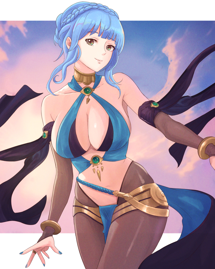 1girl absurdres alternate_costume blue_hair breasts cleavage commentary commission cosplay dancer dorothea_arnault dorothea_arnault_(plegian) dorothea_arnault_(plegian)_(cosplay) english_commentary fire_emblem fire_emblem:_three_houses fire_emblem_heroes highres large_breasts looking_at_viewer marianne_von_edmund navel nintendo outstretched_arm short_hair solo truejekart