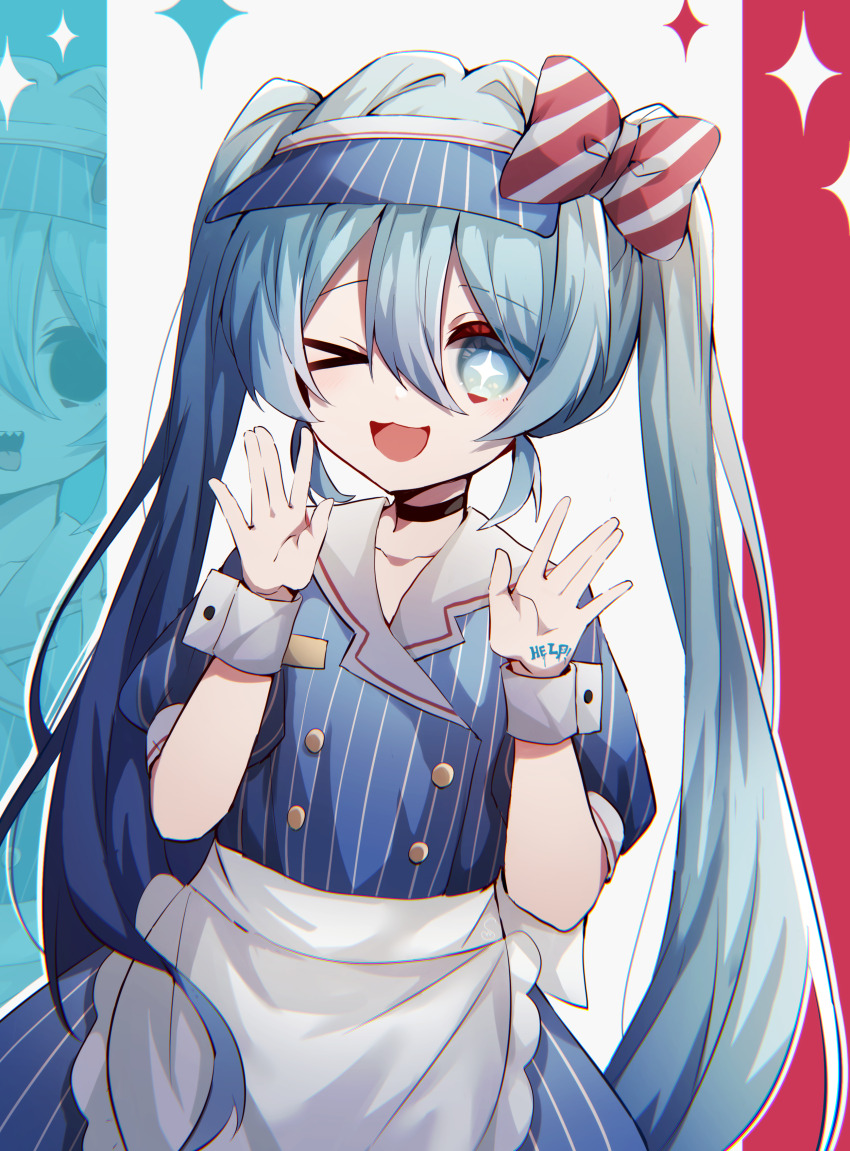 &gt;_o +_+ 1girl \||/ absurdres apron black_choker blue_eyes blue_hair body_writing bow choker diagonal-striped_bow french_flag hair_bow hatsune_miku highres komiya_shuu long_hair mesmerizer_(vocaloid) one_eye_closed open_mouth solo visor_cap white_apron wrist_cuffs