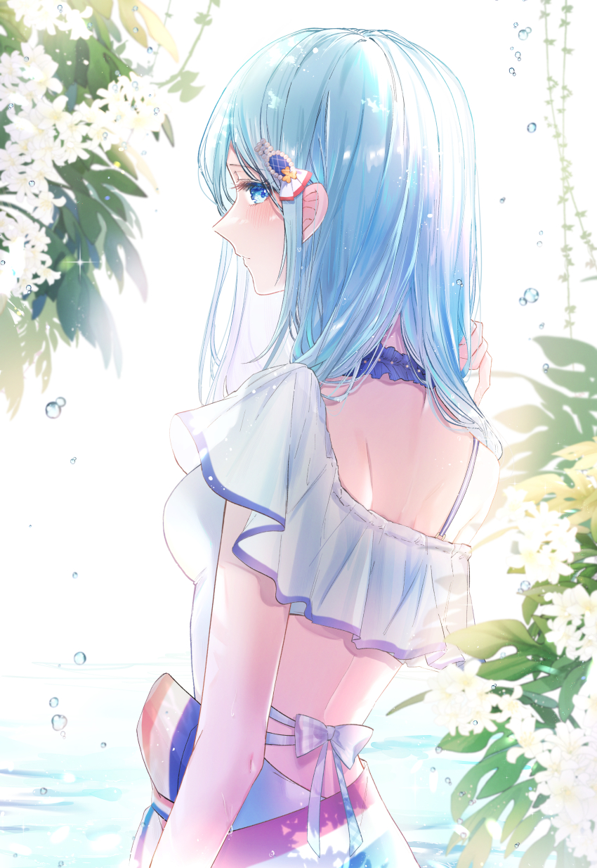 1girl absurdres aozora_no_saki_kagayaki_wo_oikakete_(project_sekai) backlighting blue_eyes blue_hair bow breasts closed_mouth from_side hair_ornament hairclip hand_in_own_hair highres hinomori_shizuku long_hair looking_at_viewer looking_to_the_side mairu003 profile project_sekai shoulder_blades small_breasts solo straight_hair white_background white_bow