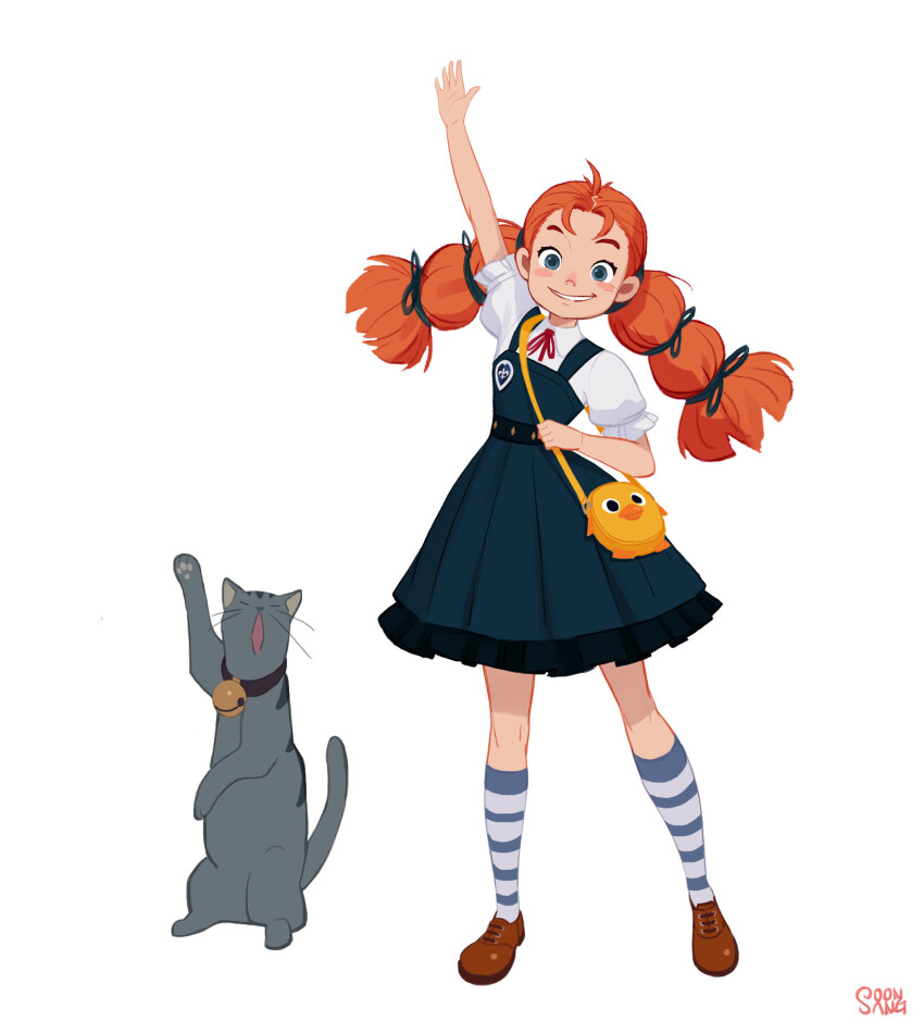 1girl arm_up badge bag bell blue_eyes braid brown_footwear cat collar handbag hong_soon-sang orange_hair original skirt smile socks striped_clothes striped_socks twin_braids waving white_background witch