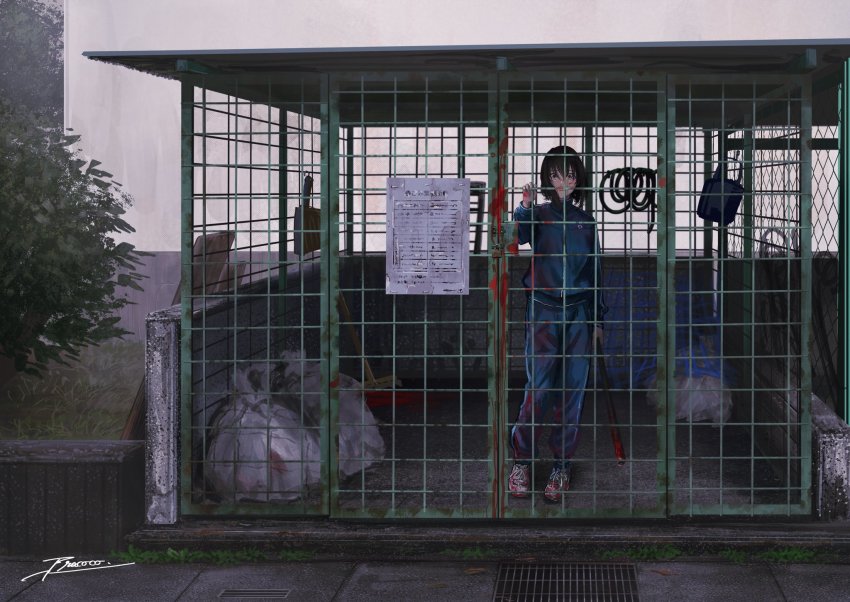 1girl black_hair blood blood_on_clothes blood_on_face bloody_weapon blue_pants blue_track_suit cage closed_mouth crazy female_focus fog fracoco highres holding holding_weapon in_cage industrial_pipe jacket looking_at_viewer original outdoors pants shoes solo standing track_jacket track_suit trash_bag weapon wide-eyed