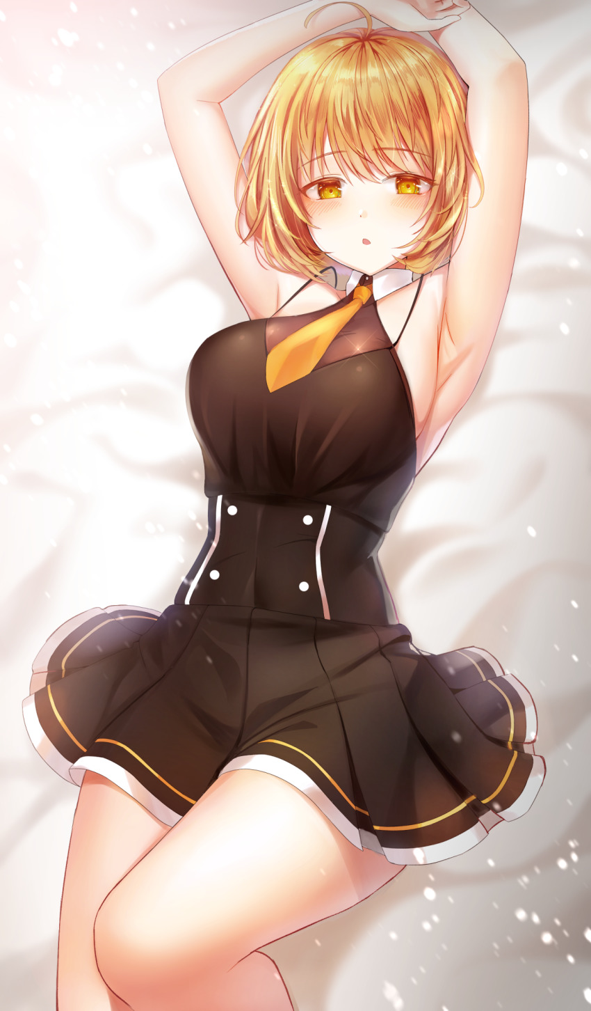 1girl ahoge armpits arms_up bad_id bad_pixiv_id bindong black_dress blonde_hair blush breasts dress haru_estia highres large_breasts looking_at_viewer lying necktie on_back open_mouth short_dress short_hair solo soulworker yellow_eyes yellow_necktie