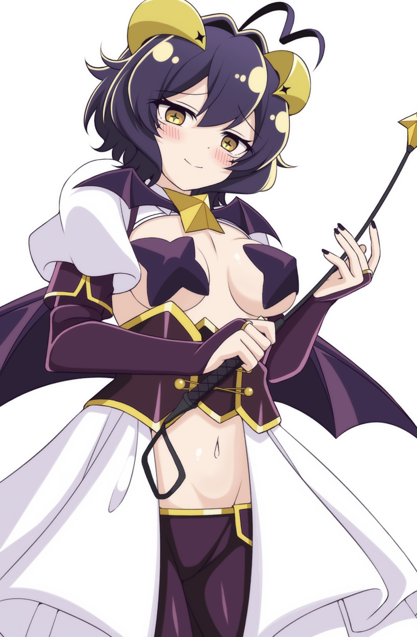 1girl ahoge bat_brooch black_hair black_pasties blush breastless_clothes breasts corset cross cross_facial_mark cross_pasties facial_mark fold-over_gloves forward_facing_horns highres holding holding_riding_crop horns kekkanhin lowleg lowleg_pants magia_baiser magical_girl mahou_shoujo_ni_akogarete medium_breasts medium_hair navel open_mouth pants pasties purple_corset purple_pasties riding_crop short_hair shrug_(clothing) simple_background smile solo star_pasties symbol-shaped_pupils white_background white_shrug wings yellow_eyes yellow_horns