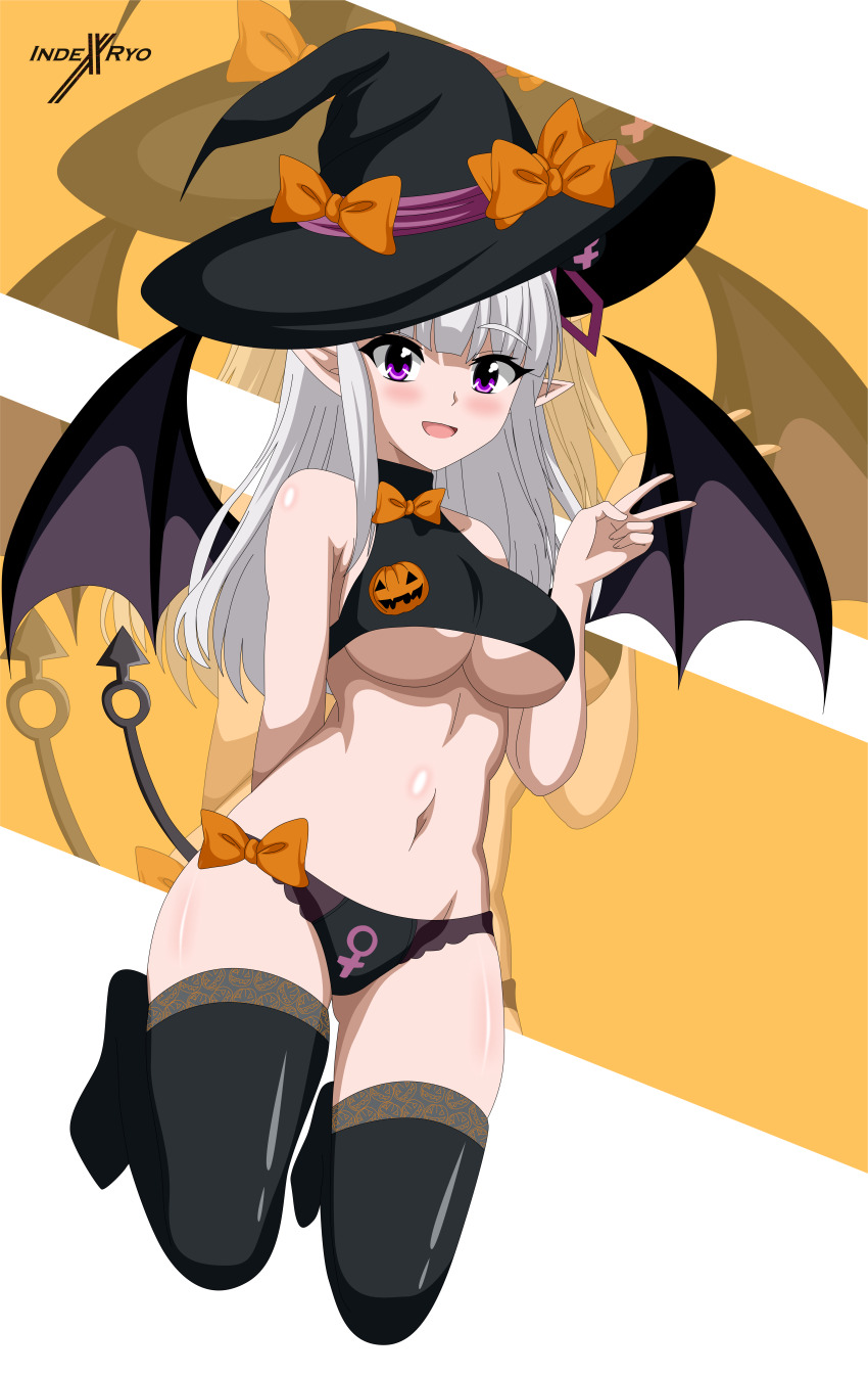 1girl absurdres blush breasts demon_girl demon_tail demon_wings hat highres indexryo large_breasts long_hair naruse_maria pointy_ears purple_eyes shinmai_maou_no_testament smile tail white_hair wings witch_hat