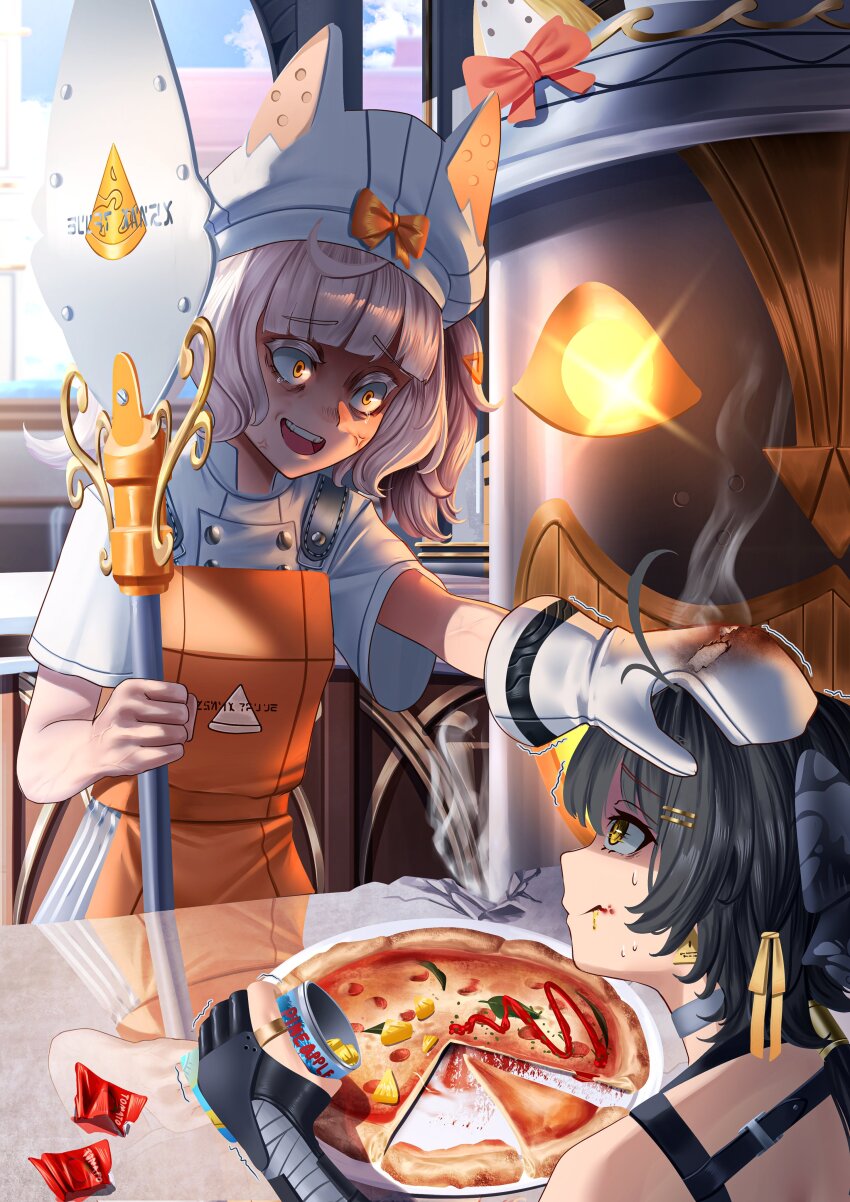 2girls absurdres anger_vein apron black_bow black_gloves blue_sky bow can chef_hat commentary day eating female_rover_(wuthering_waves) gloves hair_bow hair_ribbon hat highres holding holding_can looking_at_another manjo_(warito) margherita_(wuthering_waves) margherita_pizza mittens multiple_girls open_mouth orange_apron orange_eyes outdoors oven_mitts partially_fingerless_gloves pineapple_on_pizza ribbon rover_(wuthering_waves) shirt short_hair single_mitten sky sweatdrop symbol-only_commentary teeth upper_teeth_only veins white_hat white_shirt wuthering_waves yellow_eyes yellow_ribbon