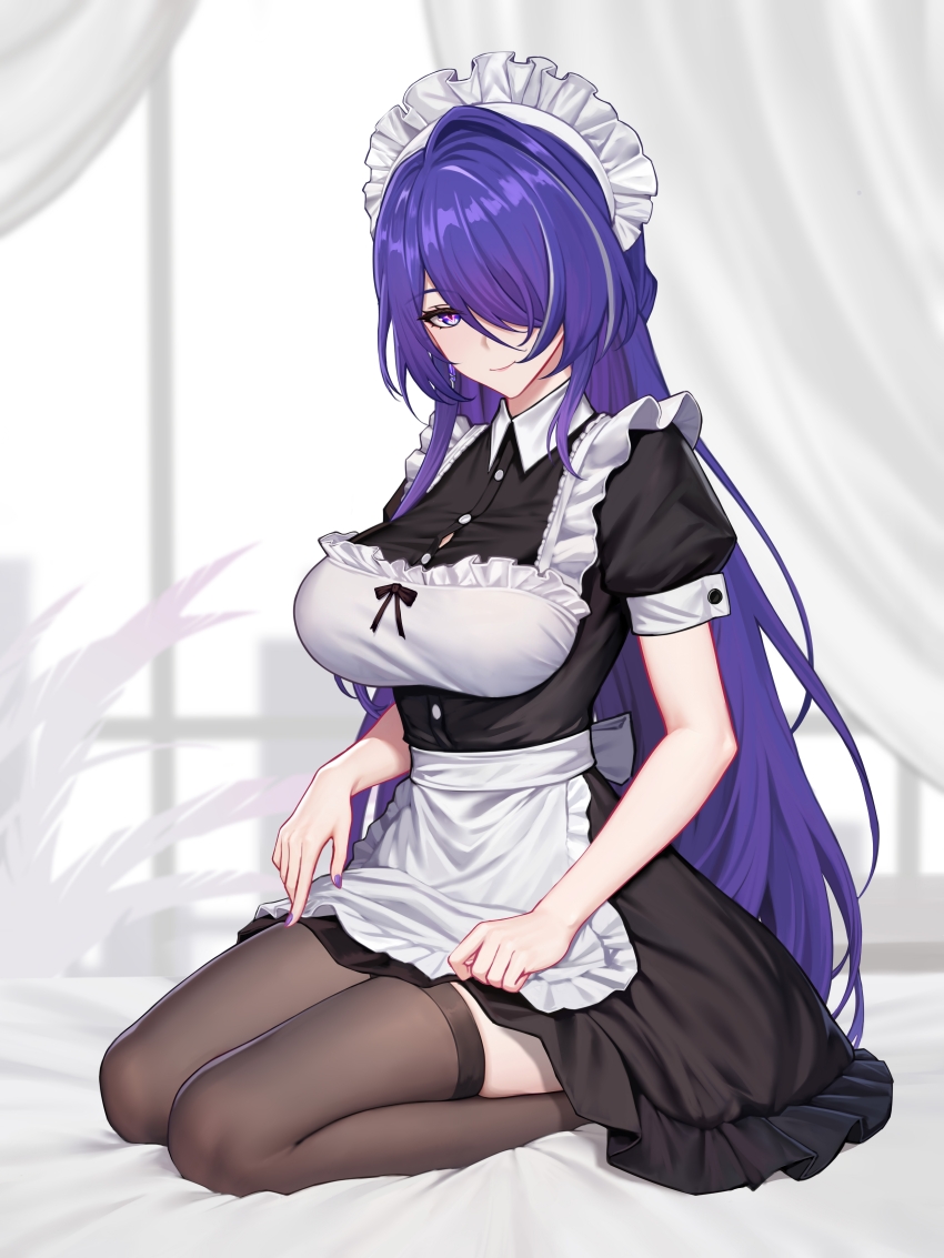 1girl absurdres acheron_(honkai:_star_rail) alternate_costume apron artist_name black_thighhighs breasts chinese_commentary collar commentary_request earrings enmaided hair_over_one_eye highres honkai:_star_rail honkai_(series) jewelry kneeling large_breasts long_hair looking_at_viewer maid maid_apron maid_headdress multicolored_hair on_bed purple_eyes purple_hair seiza sitting smile solo streaked_hair thighhighs very_long_hair white_collar yunkaiming