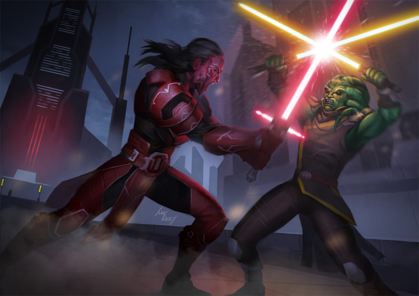 2boys alien armor belt black_hair black_pants black_tunic clenched_teeth colored_skin crossguard_lightsaber dual_wielding energy_sword fighting green_skin hifarry holding holding_lightsaber jedi lightsaber long_hair multiple_boys nautolan outdoors pants pauldrons red_lightsaber red_skin shoulder_armor sith sith_pureblood sleeveless_tunic star_wars sword teeth tentacle_hair tunic vambraces weapon yellow_lightsaber