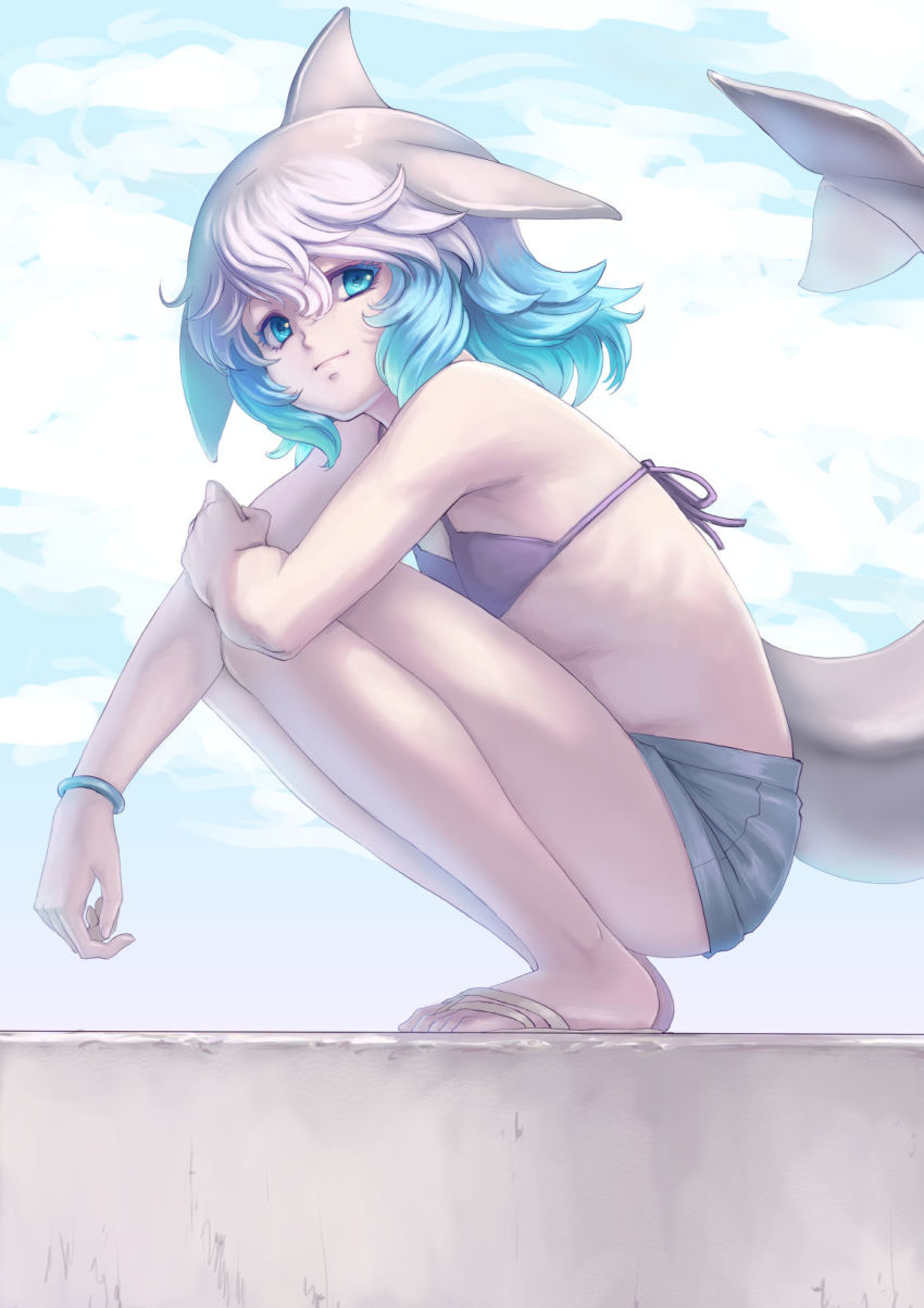 1girl armpits bare_arms bare_shoulders bikini bikini_top_only blowhole blue_eyes blue_hair cetacean_tail common_bottlenose_dolphin_(kemono_friends) day dolphin_girl dorsal_fin fins fish_tail flat_chest from_side full_body grey_hair hair_between_eyes head_fins highres kemono_friends kosai_takayuki leaning_forward light_smile long_hair looking_at_viewer multicolored_hair outdoors outstretched_arm sandals short_shorts shorts solo squatting swimsuit tail toes