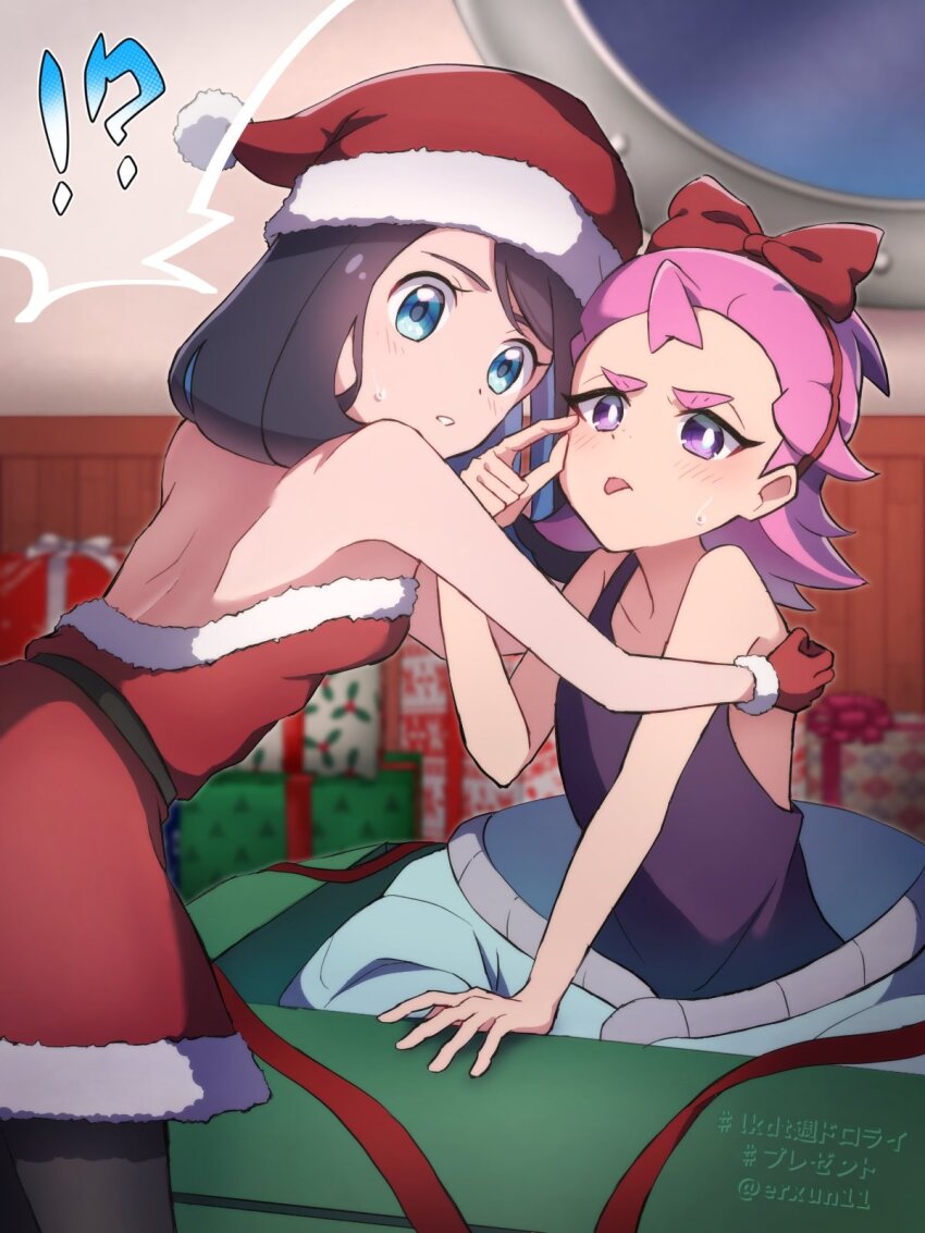 !? 2girls akanbe artist_name back black_hair blue_eyes box caught creatures_(company) dot_(pokemon) eyelid_pull game_freak gift gift_box gloves hands_on_another&#039;s_shoulders hat highres indoors liko_(pokemon) looking_at_viewer mascot_costume medium_hair multiple_girls nidothing nihiro_(erxun11) nintendo pokemon pokemon_(anime) pokemon_horizons purple_eyes purple_hair santa_costume santa_hat shirt sleeveless sleeveless_shirt tongue tongue_out yuri