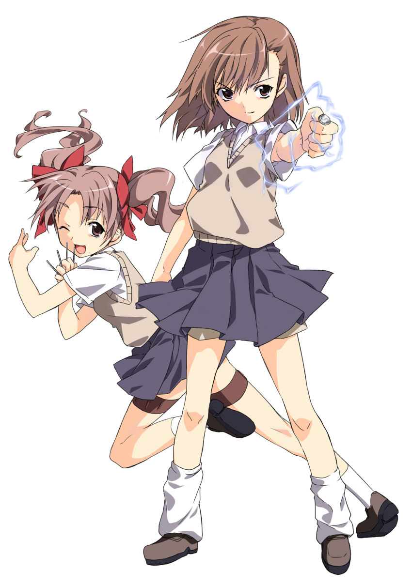 2girls aiming aiming_at_viewer armpit_peek bad_id bad_pixiv_id between_fingers brown_eyes brown_hair coin electricity electrokinesis highres holding misaka_mikoto multiple_girls school_uniform shirai_kuroko short_hair short_shorts shorts take_shinobu takesinobu thigh_strap thighs toaru_kagaku_no_railgun toaru_majutsu_no_index twintails