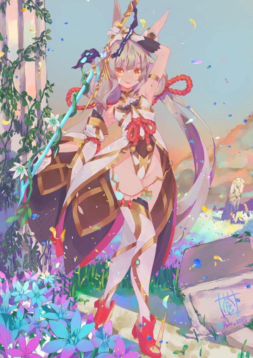 1girl animal_ears arm_above_head bare_shoulders breasts catalyst_scimitar detached_sleeves gloves highleg highleg_leotard highres leotard long_hair looking_at_viewer low_twintails nia_(blade)_(xenoblade) nia_(xenoblade) nintendo niyah outdoors silver_hair small_breasts smile solo sou_(pale_1080) spoilers sword thighhighs twintails very_long_hair weapon white_gloves xenoblade_chronicles_(series) xenoblade_chronicles_2 yellow_eyes