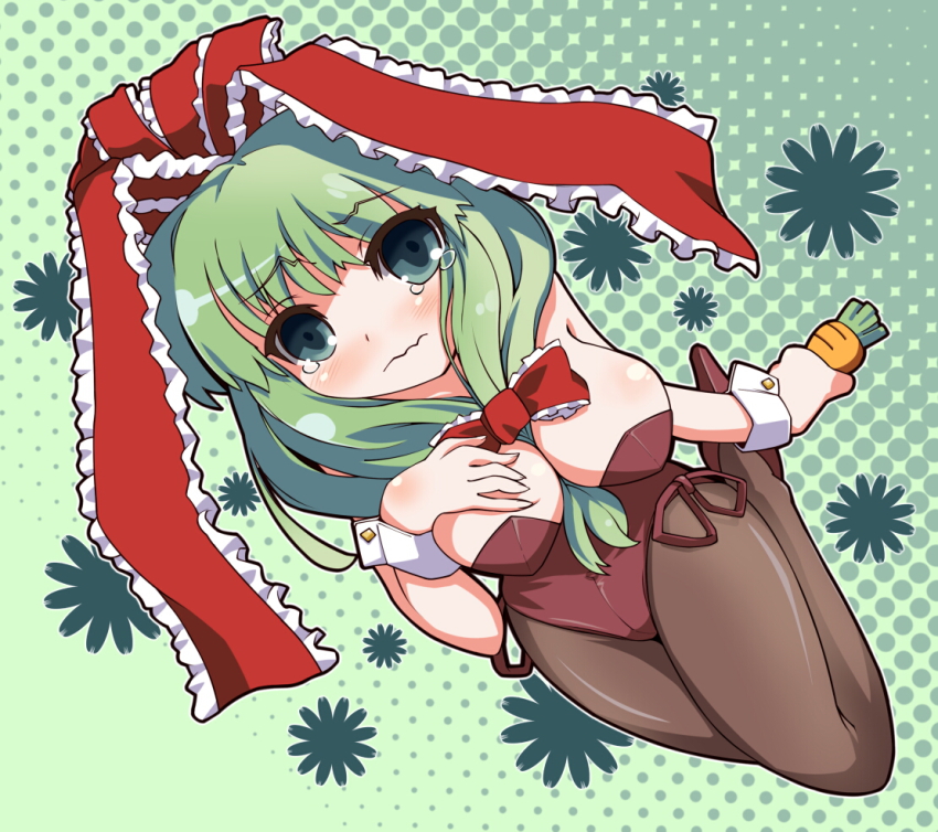 1girl black_pantyhose blush breasts carrot female_focus front_ponytail green_eyes green_hair hair_ribbon high_heels kagiyama_hina large_breasts leotard long_hair matching_hair/eyes pantyhose playboy_bunny ribbon shoes solo take_tonbo tears touhou wavy_mouth wrist_cuffs