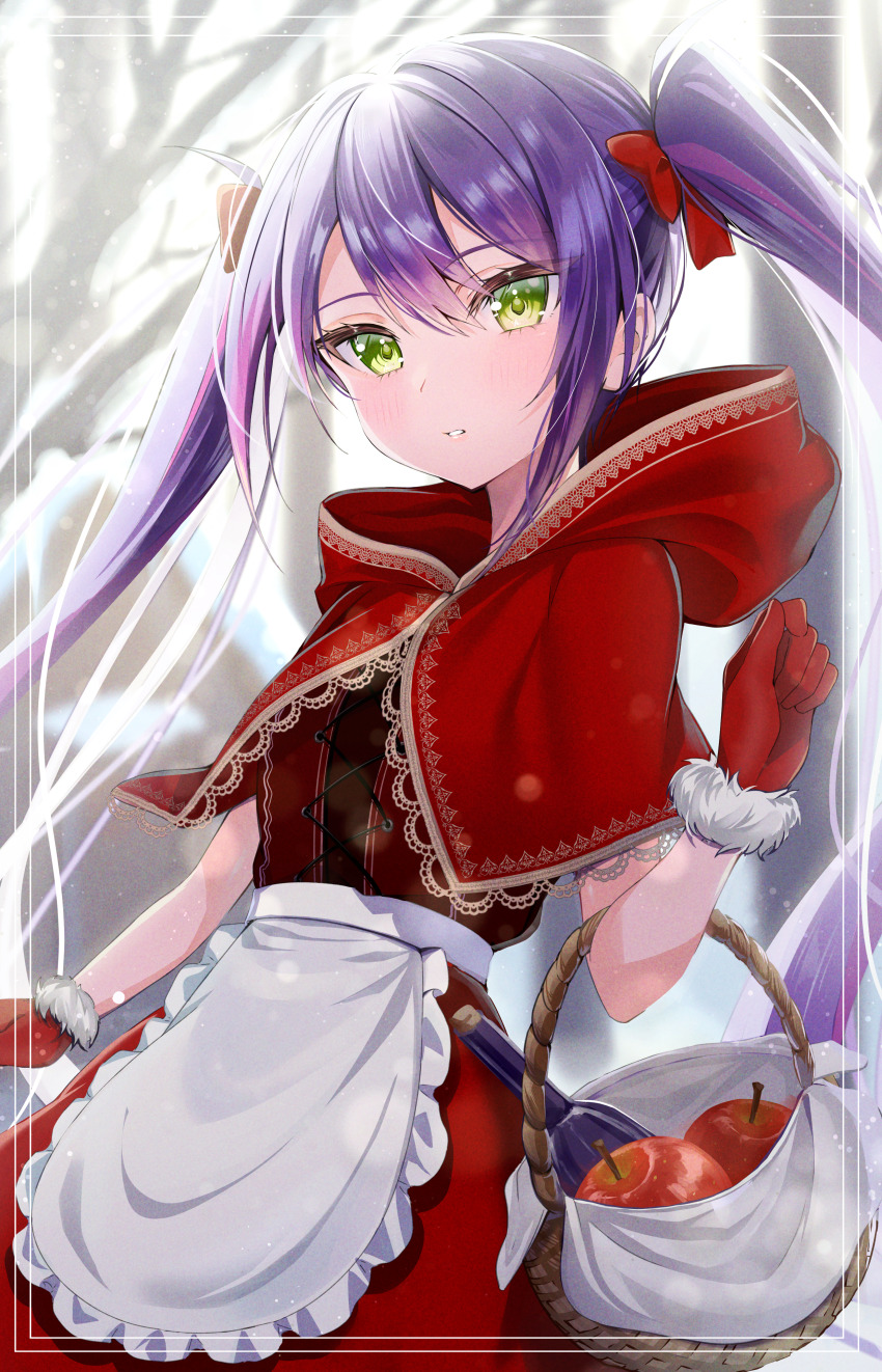 1girl absurdres apple apron blush bucket cosplay dress food fruit fur-trimmed_gloves fur_trim gloves green_eyes highres holding holding_bucket hololive little_red_riding_hood_(grimm) little_red_riding_hood_(grimm)_(cosplay) long_hair looking_at_viewer mia_(mk2022) multicolored_hair pink_hair purple_hair red_dress red_gloves red_hood solo streaked_hair tokoyami_towa twintails virtual_youtuber white_apron