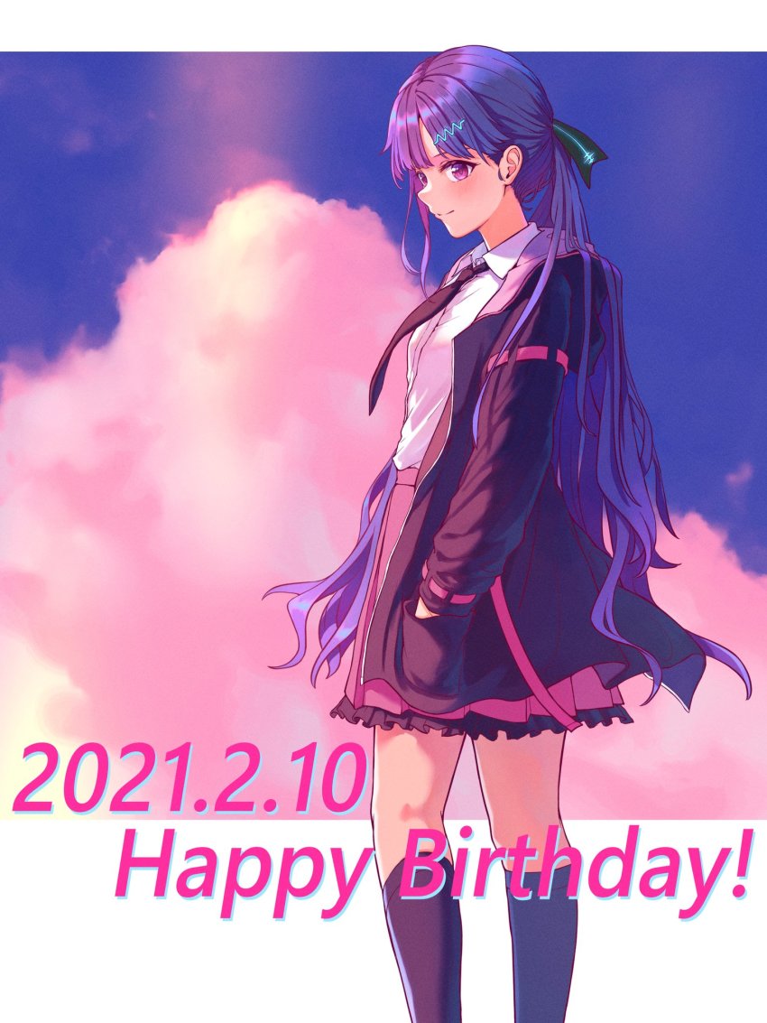 1girl black_coat black_necktie black_socks cloud coat commentary cowboy_shot dated frilled_skirt frills hair_ornament hair_ribbon hairclip hands_in_pockets happy_birthday highres kneehighs long_hair looking_at_viewer miniskirt necktie pink_skirt purple_eyes purple_hair ribbon school_uniform shirt sideways_glance skirt smile socks solo sound_wave standing usuhana_sakura vocaloid white_shirt xin_hua