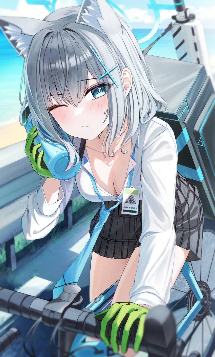 1girl absurdres animal_ear_fluff animal_ears arch_a4 black_skirt blue_archive blue_eyes blue_necktie bottle breasts bright_pupils cleavage closed_mouth collared_shirt cross_hair_ornament extra_ears gloves green_gloves grey_hair hair_ornament halo highres holding holding_bottle long_sleeves looking_at_viewer medium_hair necktie one_eye_closed outdoors shiroko_(blue_archive) shirt skirt solo sweat white_pupils white_shirt wolf_ears