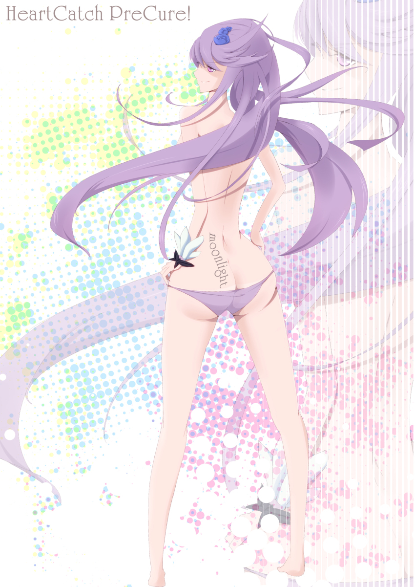 10s 1girl ass bad_id bad_pixiv_id bikini blue_eyes butt_crack character_name copyright_name cure_moonlight female_focus from_behind heartcatch_precure! highres legs long_hair looking_back lowleg magical_girl mokkei precure purple_hair solo swimsuit topless tsukikage_yuri zoom_layer