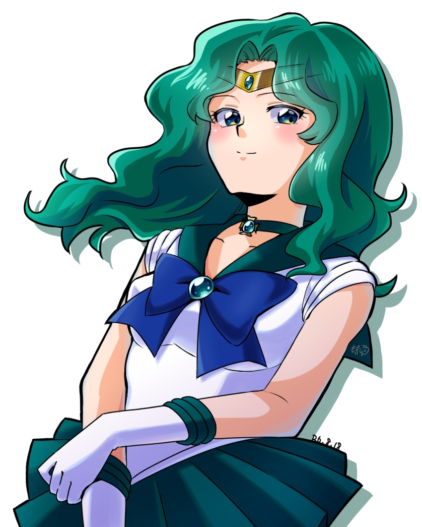 1girl aqua_gemstone bishoujo_senshi_sailor_moon blue_bow blue_bowtie bow bowtie choker circlet commentary dated elbow_gloves gloves green_choker green_hair green_sailor_collar green_skirt highres kaiou_michiru long_hair looking_at_viewer magical_girl miniskirt mogeron_03 outer_senshi pleated_skirt sailor_collar sailor_neptune sailor_senshi sailor_senshi_uniform signature simple_background skirt solo symbol-only_commentary white_background white_gloves