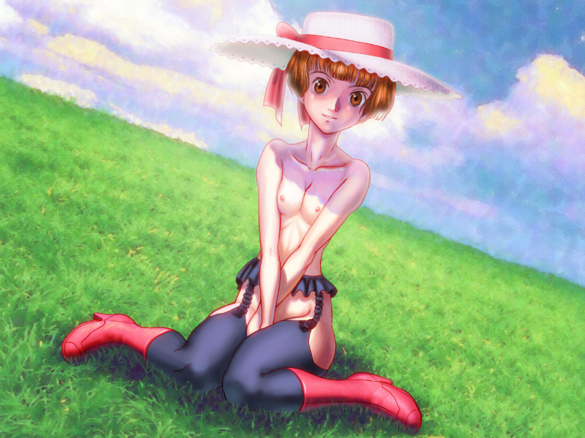 1girl boots breasts brown_eyes brown_hair female_focus full_body garter_belt gundam hat nature nipples no_bra no_panties outdoors short_hair sitting sky smile sochie_heim solo thighhighs topfreedom topless turn_a_gundam wariza wide_brim youkai_ankake