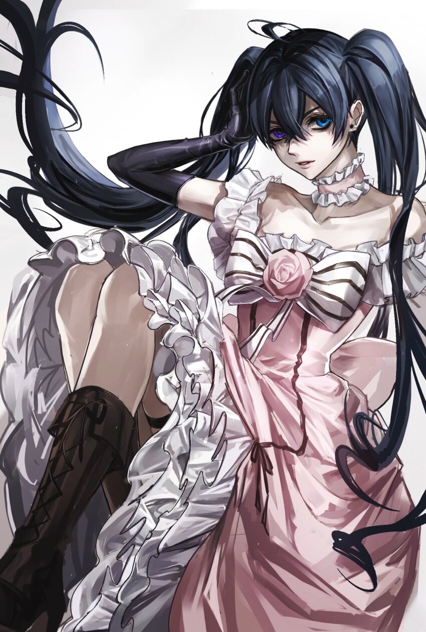 1boy ahoge alternate_costume alternate_hairstyle androgynous black_footwear black_gloves blue_eyes blue_hair boots bow bowtie choker ciel_phantomhive ciel_phantomhive_(robin_dress) collarbone crossdressing dark_blue_hair dhktlq dress elbow_gloves flower frilled_choker frilled_dress frills gloves hand_on_own_head heterochromia highres kuroshitsuji long_hair looking_at_viewer parted_lips pink_choker pink_dress pink_flower purple_eyes simple_background striped_bow striped_bowtie striped_clothes trap twintails very_long_hair white_background