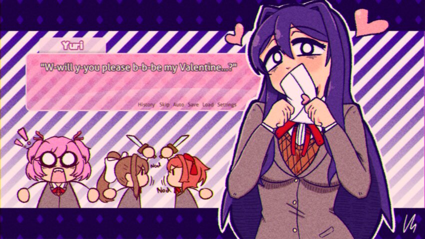 ! !! 4girls absurdres blazer blush bow bowtie breasts bright_pupils brown_hair brown_jacket brown_sweater_vest character_name chibi collared_shirt commentary diagonal-striped_background dialogue_box doki_doki_literature_club dress_shirt embarrassed english_commentary english_text film_grain filthyhector gameplay_mechanics hair_between_eyes hair_bow hair_intakes hair_over_shoulder hair_ribbon head_tilt heart heart_seal highres holding holding_knife holding_letter incoming_letter jacket knife large_bow large_breasts letter letterboxed long_hair looking_at_another looking_at_viewer love_letter monika_(doki_doki_literature_club) multiple_girls natsuki_(doki_doki_literature_club) neck_ribbon nodding o_o outline pink_hair ponytail purple_background purple_hair rectangular_mouth red_bow red_bowtie red_hair red_ribbon ribbon romaji_text sayori_(doki_doki_literature_club) school_uniform shirt short_hair sidelocks signature striped_background surprised sweater_vest swept_bangs teeth two_side_up upper_body upper_teeth_only valentine very_long_hair white_background white_bow white_outline white_pupils white_ribbon white_shirt yuri_(doki_doki_literature_club)