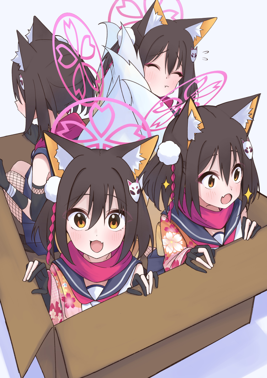 4girls absurdres animal_ears blue_archive blue_sailor_collar blue_skirt box brown_hair cardboard_box commentary_request fang flying_sweatdrops fox_ears fox_mask fox_tail hair_between_eyes halo highres in_box in_container izuna_(blue_archive) izunasuki_art looking_at_viewer mask multiple_girls multiple_persona neckerchief one_side_up open_mouth photo-referenced pleated_skirt red_scarf sailor_collar scarf simple_background single_fishnet_legwear skin_fang skirt smile sparkle tail white_background yellow_eyes