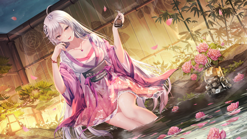 1girl :d absurdres ahoge bamboo bracelet breasts cleavage collarbone dutch_angle flower hair_between_eyes highres holding japanese_clothes jewelry junpaku_karen kimono large_breasts long_hair long_sleeves looking_at_viewer miniskirt necklace onsen open_mouth original outdoors petals pink_flower pink_rose pink_skirt print_skirt purple_eyes rose silver_hair sitting skirt smile soaking_feet solo sparkle very_long_hair white_kimono wide_sleeves