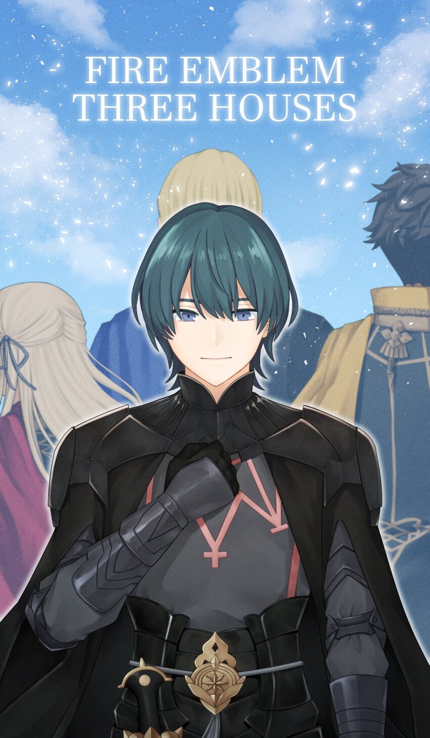 1girl 3boys black_cape blonde_hair blue_hair blue_sky byleth_(fire_emblem) byleth_(male)_(fire_emblem) cape claude_von_riegan clenched_hand closed_mouth cloud copyright_name day dimitri_alexandre_blaiddyd edelgard_von_hresvelg fire_emblem fire_emblem:_three_houses garreg_mach_monastery_uniform green_eyes hair_between_eyes highres male_focus multiple_boys nintendo oregasennseida outdoors red_cape short_hair sky smile solo_focus standing