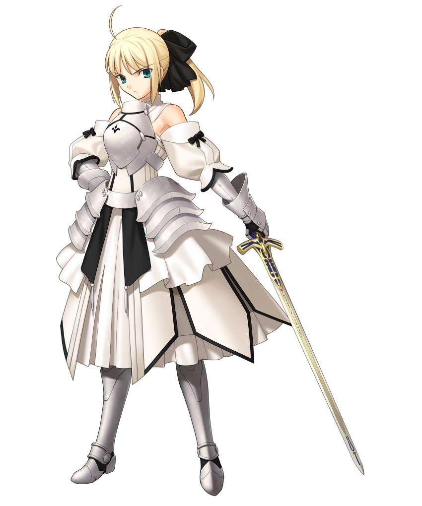 1girl absurdres ahoge armor armored_boots armored_dress artoria_pendragon_(fate) bare_shoulders black_bow black_gloves blonde_hair boots bow breastplate caliburn_(fate) closed_mouth detached_sleeves dress fate/unlimited_codes fate_(series) frown full_body gauntlets gloves green_eyes hair_bow hand_on_own_hip highres holding holding_sword holding_weapon looking_at_viewer official_art ponytail protected_link psd_available saber_lily second-party_source simple_background sleeveless sleeveless_dress solo standing sword takeuchi_takashi transparent_background v-shaped_eyebrows weapon white_dress white_sleeves