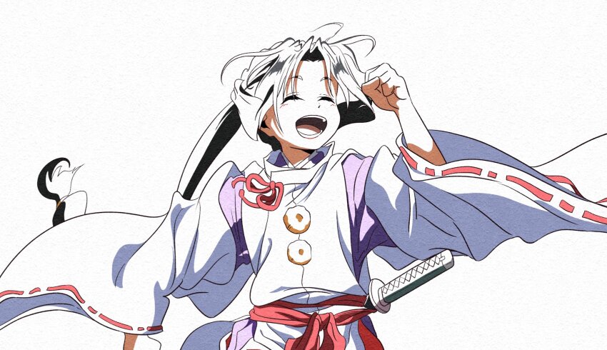 1boy arm_up black_hair bow clenched_hand closed_eyes cowboy_shot floating_clothes floating_hair happy highres houjou_tokiyuki_(nige_jouzu_no_wakagimi) japanese_clothes kariginu katana light_blush long_hair long_sleeves low-tied_long_hair male_focus nige_jouzu_no_wakagimi open_mouth paper_texture parted_bangs ponytail purple_eyes red_sash ribbon-trimmed_sleeves ribbon_trim running sash sheath sheathed sidelocks_tied_back simple_background smile solo sword very_long_hair weapon white_background wide_sleeves yuki_mizuki3