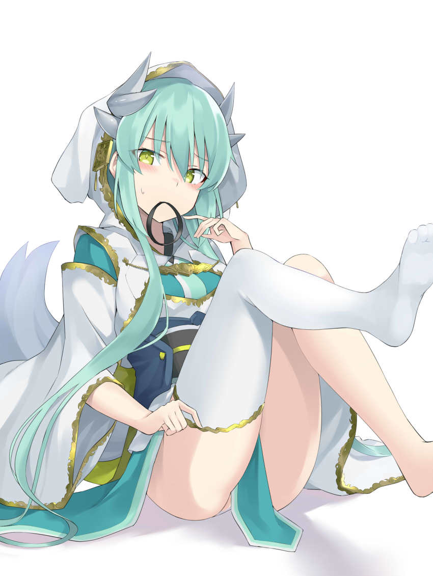 100 100percent_park 1girl absurdres aqua_hair ass barefoot blush breasts commentary_request dragon_girl dragon_horns fate/grand_order fate_(series) female_focus green_eyes hair_between_eyes hair_tie_in_mouth highres hood horns japanese_clothes kimono kiyohime_(fate) kiyohime_(the_faithful_dog_who_waits)_(fate) knees_up leg_up long_hair long_sleeves looking_at_viewer mouth_hold no_shoes obi pelvic_curtain sash shadow sidelocks simple_background single_thighhigh sitting small_breasts solo sweatdrop thighhighs very_long_hair white_background white_kimono white_thighhighs wide_sleeves