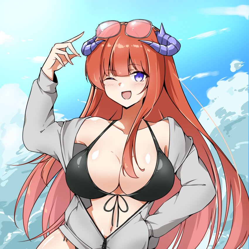 1girl absurdres alternate_costume arknights arm_up bagpipe_(arknights) bikini black_bikini blouse blue_sky breasts cleavage cloud cloudy_sky collarbone commentary_request cowboy_shot dragon_horns eyewear_on_head front-tie_bikini_top front-tie_top grey_shirt highres horns large_breasts light_blush long_hair long_sleeves navel open_clothes open_mouth open_shirt orange_hair partially_unzipped purple_eyes shirt sky smile solo swimsuit xibu_cai zipper