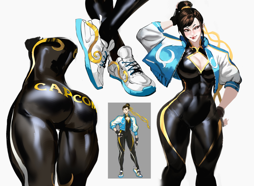 1girl absurdres ass breasts capcom chun-li cleavage cleavage_cutout clothing_cutout coat commentary covered_navel english_commentary eyeshadow gauntlets hair_bun high_collar highres large_breasts lipstick logo makeup mashingvaquita muscular muscular_female official_alternate_costume official_alternate_hairstyle red_eyeshadow ribbon simple_background sketch skin_tight solo standing street_fighter street_fighter_6 thigh_gap white_background white_sneakers yellow_ribbon