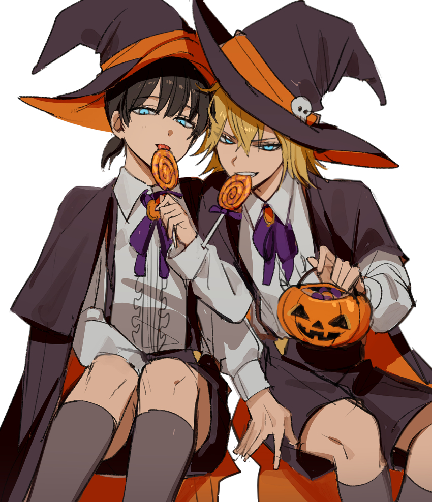 2boys biting black_cape black_capelet black_clover black_hair black_shorts black_thighhighs blonde_hair blue_eyes brothers candy cape capelet center_frills collared_shirt food frills half-closed_eyes halloween_bucket halloween_costume hat highres holding holding_candy holding_food holding_lollipop jack-o&#039;-lantern licking lollipop long_sleeves looking_at_viewer male_focus morgen_faust mouth_hold multiple_boys nacht_faust neck_ribbon orange_cape purple_ribbon ribbon shirt short_hair shorts siblings sitting suspender_shorts suspenders swirl_lollipop thighhighs tsugutoku twins two-sided_cape two-sided_fabric white_shirt witch_hat