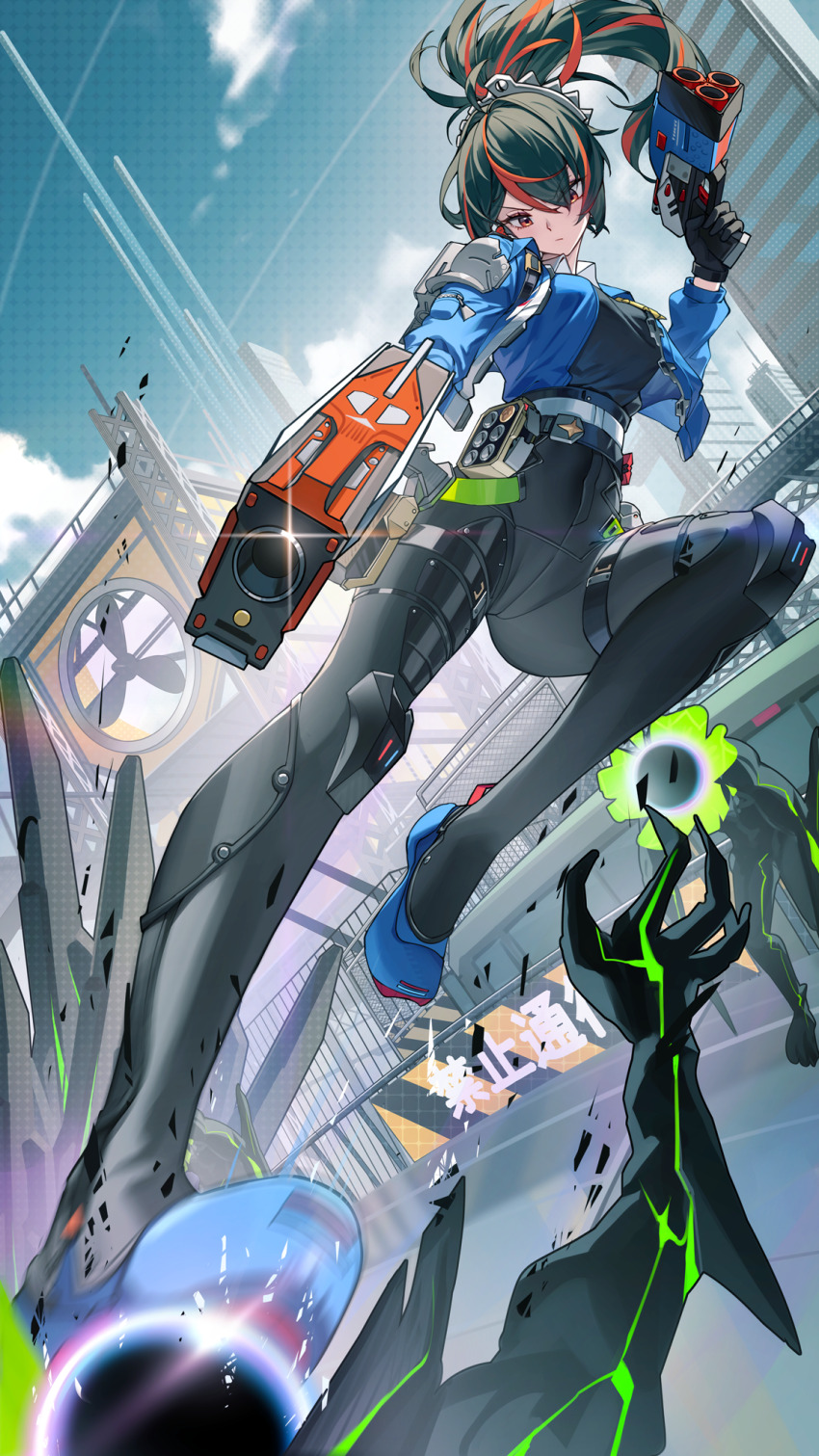 1girl 2others apartment battle black_gloves black_hair black_pants blue_footwear blue_jacket chain-link_fence cityscape closed_mouth commentary cropped_jacket ethereal_(zenless_zone_zero) fence glint gloves gun high-waist_pants high_ponytail highres holding holding_gun holding_weapon jacket kicking long_sleeves looking_at_viewer metal_hairband multicolored_hair multiple_others open_clothes open_jacket outdoors pants ponytail qys3 railing red_eyes red_hair solo_focus stomping streaked_hair tight_clothes tight_pants two-tone_hair weapon zenless_zone_zero zhu_yuan