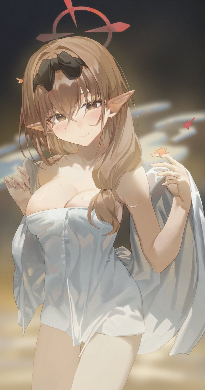 1girl absurdres blue_archive blush bow breasts brown_eyes brown_hair chinatsu_(blue_archive) chinatsu_(hot_spring)_(blue_archive) cleavage hair_bow halo highres large_breasts leaf long_hair low-tied_long_hair naked_towel onsen pointy_ears solo standing starshell towel wet