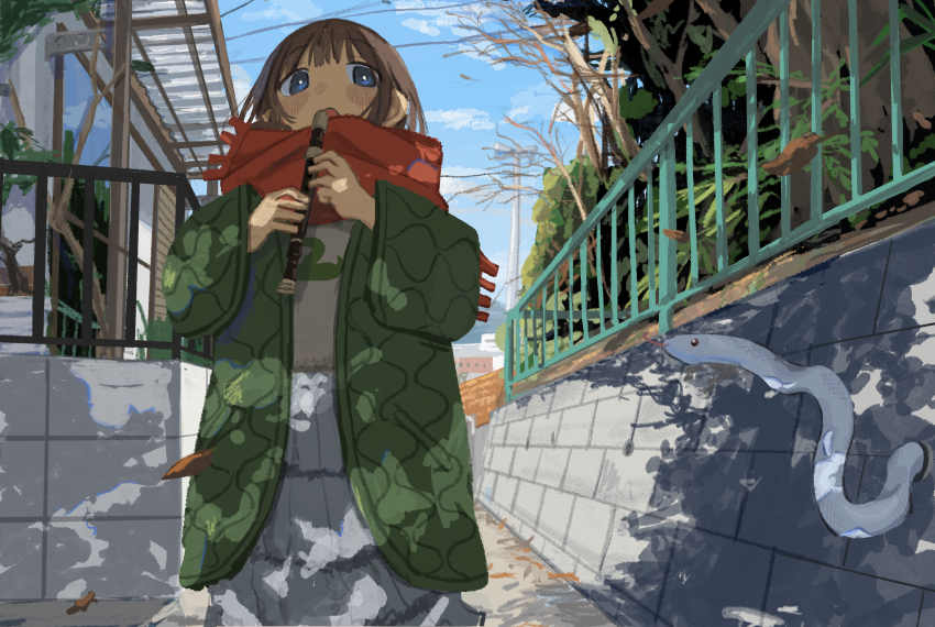 1girl amamoto_air animal blue_eyes blue_sky blush bright_pupils brown_hair building chinese_zodiac dappled_sunlight falling_leaves flute green_jacket highres holding holding_instrument instrument jacket leaf open_mouth original outdoors power_lines print_shirt railing recorder red_scarf scarf shirt skirt sky snake solo standing sunlight tree white_pupils white_skirt white_snake year_of_the_snake