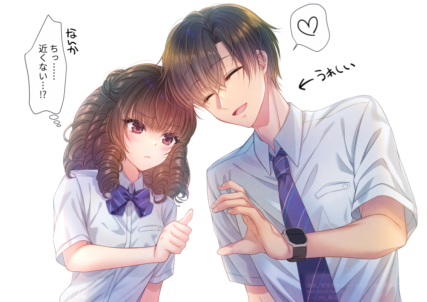 1boy 1girl blue_bow blue_bowtie blue_necktie bow bowtie brown_eyes brown_hair collared_shirt enjou_shuusuke heart heart_hands_failure hetero highres kenkyo_kenjitsu_wo_motto_ni_ikite_orimasu kisshouin_reika necktie ringlets shirt short_sleeves speech_bubble spoken_heart t-shirt thought_bubble translated upper_body user_tztg8524 variant_set watch white_background white_shirt