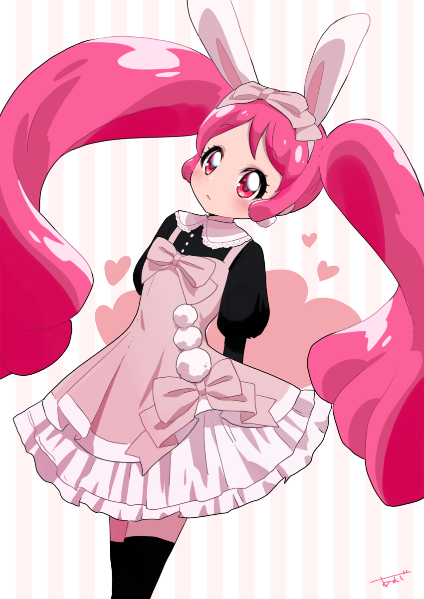 1girl absurdres alternate_costume amesafu animal_ears blush casual commentary_request cure_whip dress earrings eyelashes highres jewelry kirakira_precure_a_la_mode long_hair looking_at_viewer magical_girl pink_dress pink_eyes pink_hair precure puffy_sleeves rabbit_ears signature solo standing striped_background thighhighs thighs twintails usami_ichika