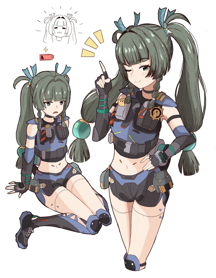 1girl :3 =_= absurdres android black_gloves blunt_bangs blunz cowboy_shot fingerless_gloves full_body gloves green_eyes green_hair highres light_blush long_hair looking_at_viewer midriff multiple_views navel one_eye_closed open_mouth qingyi_(zenless_zone_zero) short_shorts shorts sidelocks simple_background sitting thighs twintails white_background zenless_zone_zero