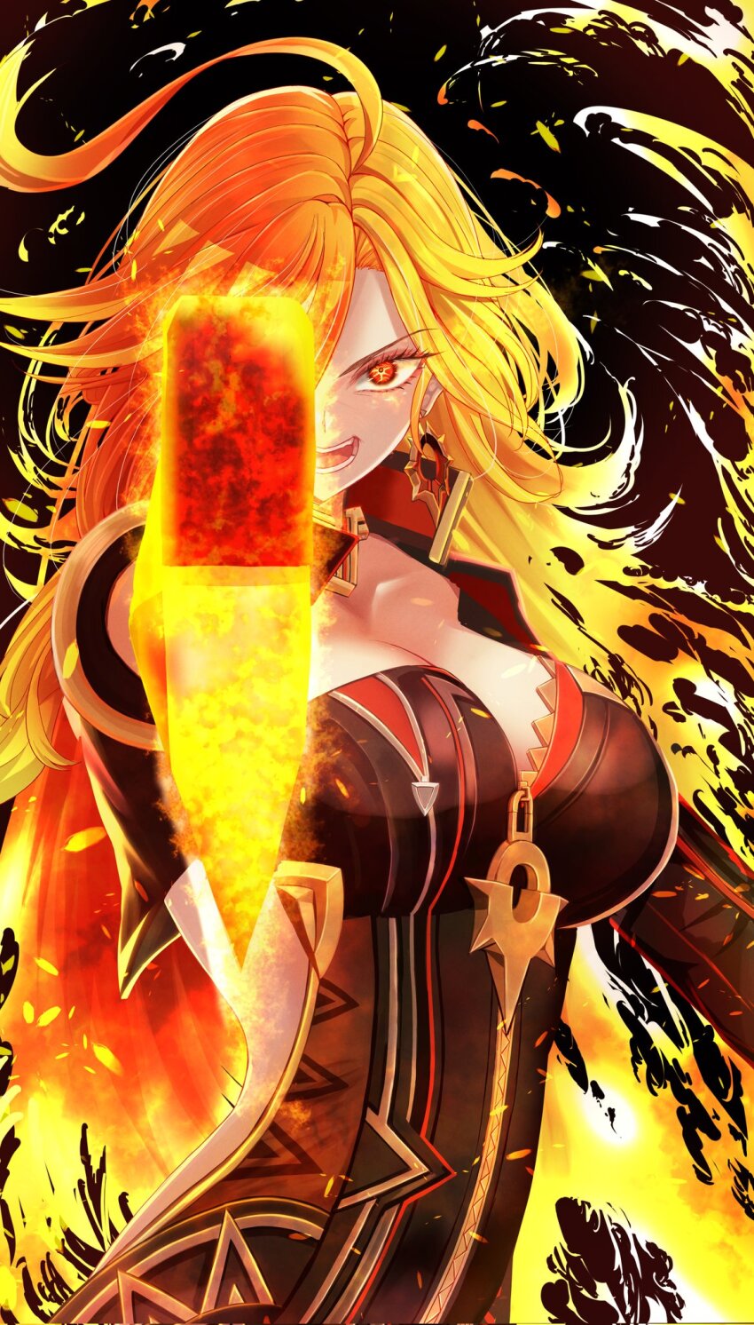 1girl ahoge black_bikesuit breasts cleavage clothing_cutout collarbone commentary corrupted_twitter_file earrings fire genshin_impact highres holding holding_sword holding_weapon huge_ahoge jewelry large_breasts long_hair mavuika_(genshin_impact) one_eye_covered open_mouth orange_eyes orange_hair orange_pupils orange_theme penguintake pointing pointing_at_viewer side_cutout solo sword upper_body very_long_hair weapon zipper_pull_tab