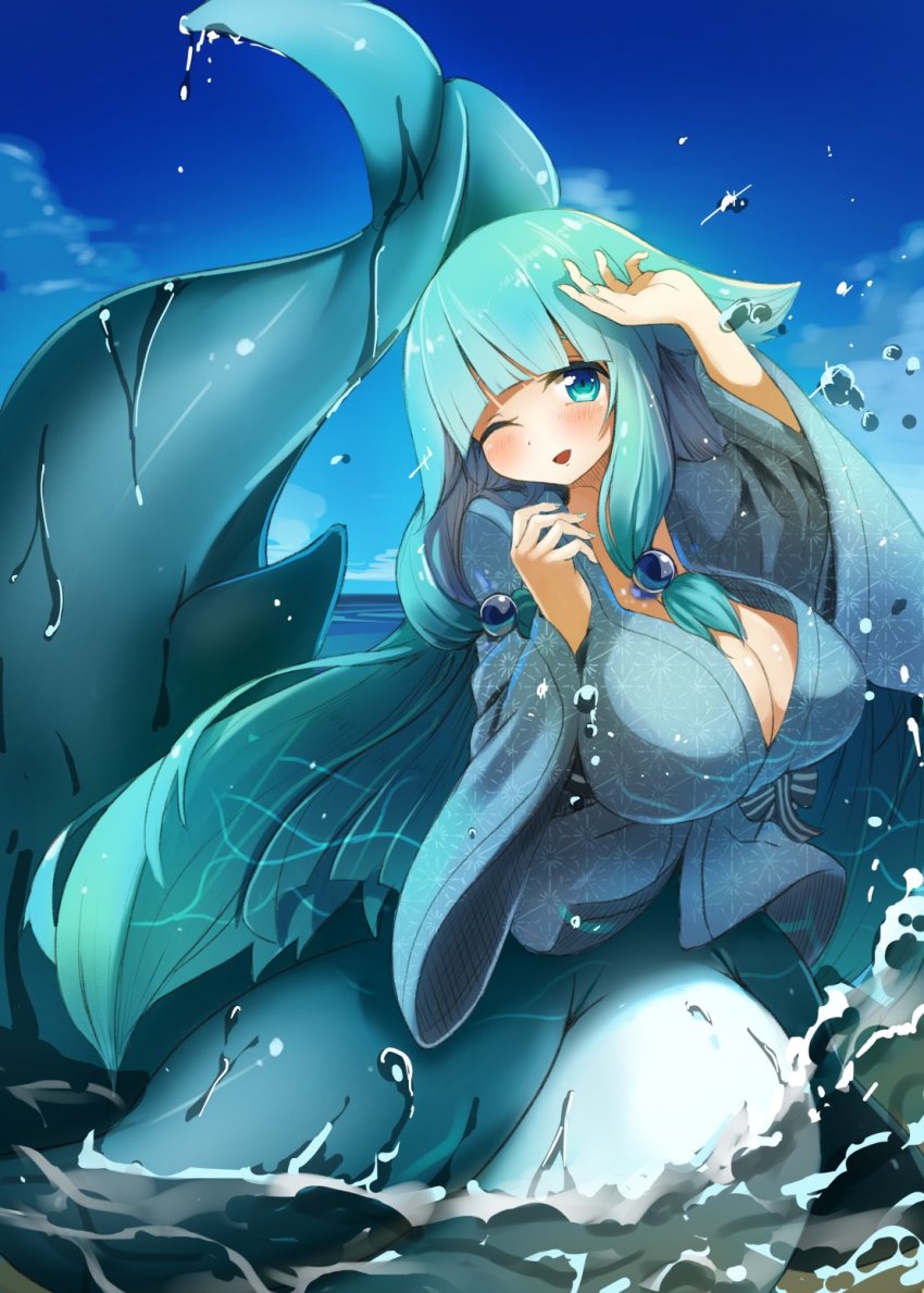 159cm 1girl blue_eyes blue_hair blue_skin blue_sky blush borrowed_character breasts cetacean_tail cleavage colored_skin day fins fish_tail hair_bobbles hair_ornament hand_up highres large_breasts long_hair long_sleeves looking_at_viewer ocean one_eye_closed original outdoors riapi_(klew) sky smile solo tail very_long_hair wide_sleeves