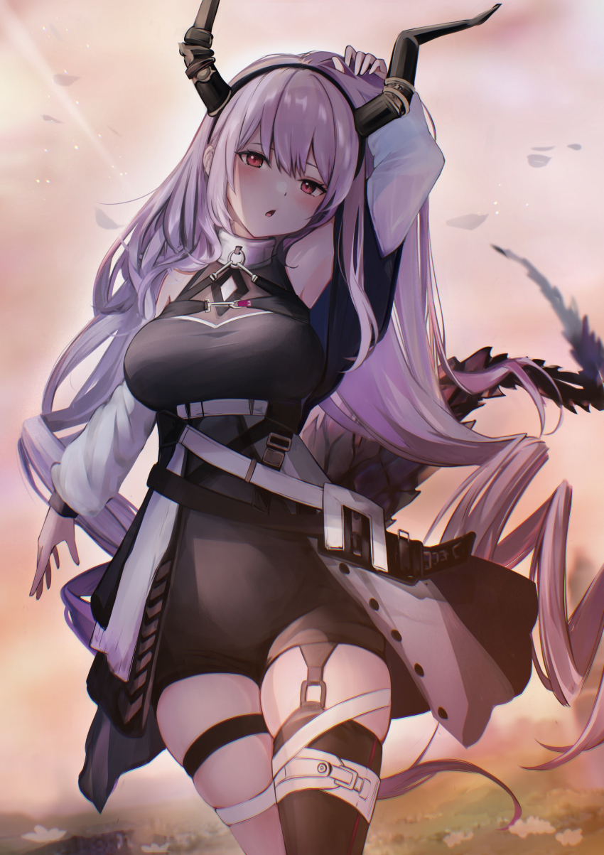 1girl absurdres arknights arm_up bare_shoulders black_hairband black_horns black_shirt black_thighhighs blush breasts cowboy_shot fake_horns hairband highres horns jacket kyuu_(q_des9) large_breasts long_hair long_tail looking_at_viewer off_shoulder open_mouth pink_eyes purple_hair shirt single_thighhigh solo tail thigh_strap thighhighs typhon_(arknights) very_long_hair white_jacket