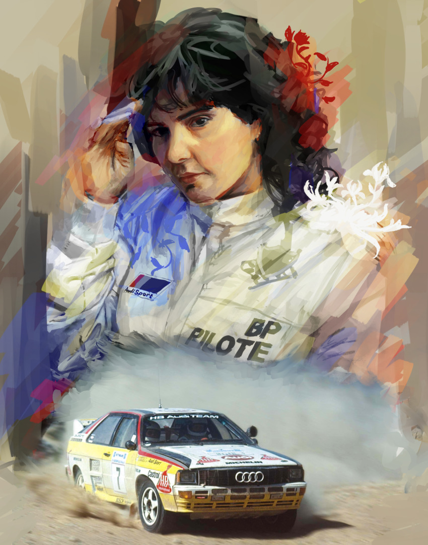 1girl audi audi_quattro black_eyes black_hair car commentary dioxijon english_commentary expressionless flower french_commentary french_flag hair_flower hair_ornament highres looking_at_viewer medium_hair michele_mouton mixed-language_commentary motor_vehicle race_vehicle racecar rally_car real_life realistic red_flower salute sand shadow solo world_rally_championship