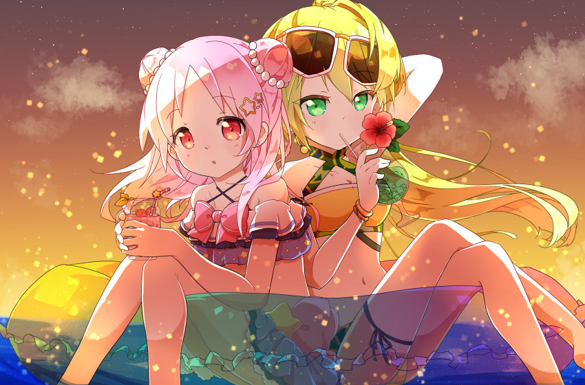 2girls absurdres alina_gray alina_gray_(swimsuit_costume) bare_shoulders bikini blush cocktail cocktail_glass cup drinking_glass earrings eyewear_on_head frilled_bikini frills green_hair hair_between_eyes hair_bun hair_ornament highres holding jewelry long_hair looking_at_viewer magia_record:_mahou_shoujo_madoka_magica_gaiden mahou_shoujo_madoka_magica megitti misono_karin misono_karin_(swimsuit_costume) multiple_girls official_alternate_costume open_mouth parted_bangs ponytail purple_hair star_(symbol) star_hair_ornament sunglasses swimsuit yellow_bikini