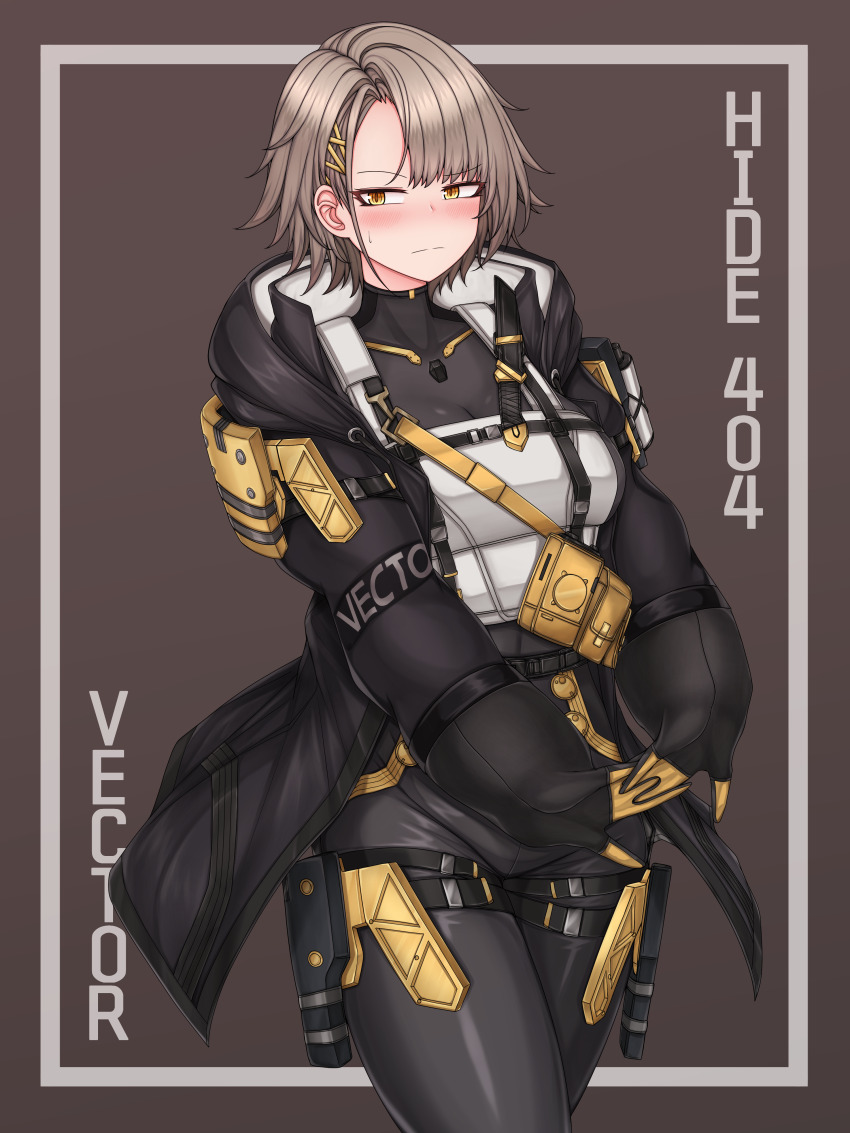 1girl absurdres ammunition_pouch black_jacket blush breasts ch_(charchive15) character_name girls&#039;_frontline girls&#039;_frontline_2:_exilium gloves grey_hair hair_ornament hairclip highres interlocked_fingers jacket knife_sheath medium_breasts pouch sheath short_hair solo tactical_clothes vector_(girls&#039;_frontline) yellow_eyes