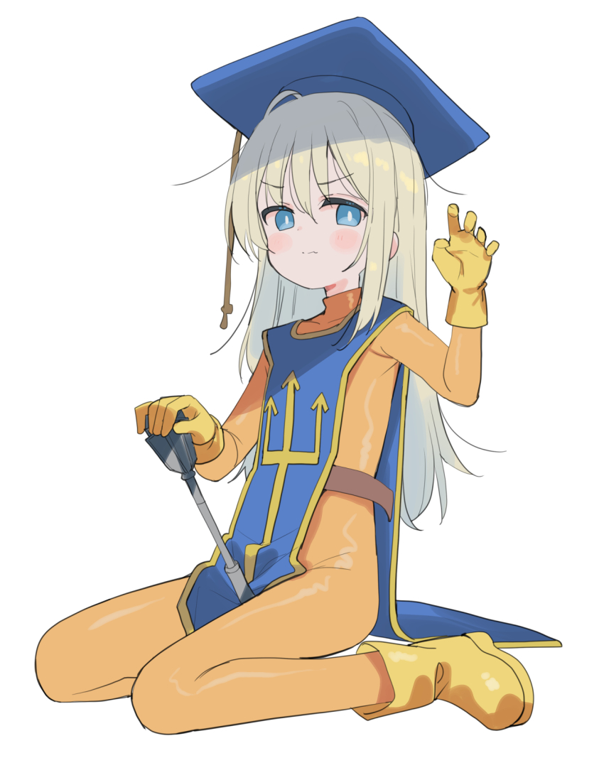 1girl blue_eyes blue_hat blush boots closed_mouth copyright_request cosplay dragon_quest dragon_quest_iii full_body gloves grey_hair hair_between_eyes hat highres long_hair looking_at_viewer meito_(maze) mortarboard priest_(dq3) priest_(dq3)_(cosplay) simple_background sitting solo tabard v-shaped_eyebrows very_long_hair wariza white_background yellow_footwear yellow_gloves