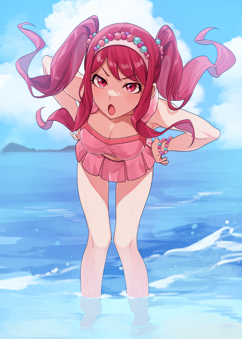 1girl absurdres beach bent_over bikini bleach blue_sky bracelet cloud dokugamine_riruka full_body hands_on_own_hips headband highres jewelry long_hair looking_at_viewer ocean onimoti open_mouth outdoors pink_eyes pink_hair resolution_mismatch sidelocks sky solo source_smaller swimsuit twintails wading water